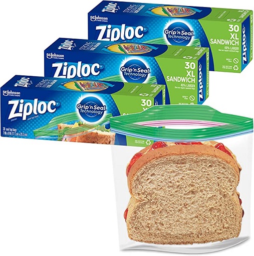 Ziploc Sandwich and Snack Bags for On the Go Freshness, Grip 'n Seal Technology for Easier Grip, Open, and Close, 30 Count, Pack of 3 (90 Total Bags)