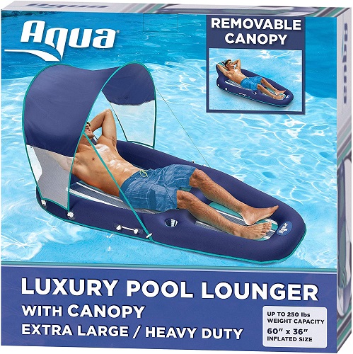 Aqua Ultimate Pool Float Lounger with UPF 50 Canopy and Cupholder – Heavy Duty, Inflatable Pool Lounge for Adults – Navy/Aqua/White Stripe