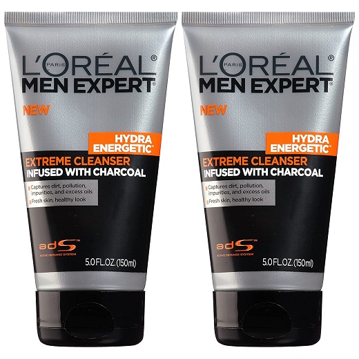 L'Oreal Men Expert Hydra Energetic Facial Cleanser with Charcoal for Daily Face Washing, Mens Face Wash, Beard and Skincare for Men, 2 ct.