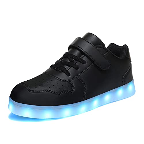 Wooowyet Kids LED Sneakers for Boys Hook&Loop Low Light Up Shoes LED Girls USB Recharging Black