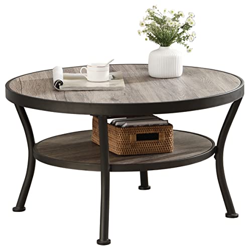 O&K FURNITURE Rustic Round Coffee Table for Living Room, Industrial Coffee Table with Storage Open Shelf, Gray-Brown