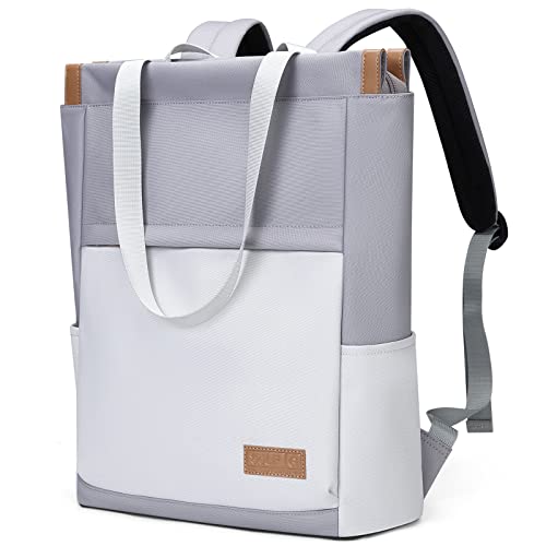 Convertible Tote Backpack Wide Top Open Computer Backpacks Water Resistant Travel Work Casual Daypack College School Bookbag Fits 15.6 Inch Notebook (Grey & White)
