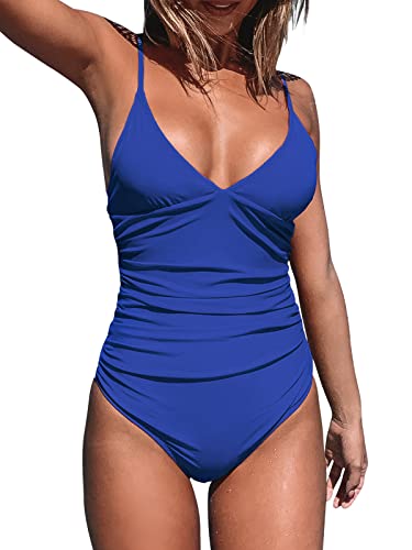 CUPSHE Women's One Piece Swimsuit Shirring Design V Neck Low Back Bathing Suit, Deep Blue, XS