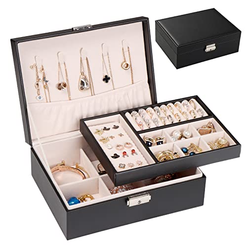 Purple crown Jewelry Organizer Box-Two Layers of Lockable, PU Leather, Soft Lining, Large Capacity, Gifts for Ladies and Girls (Black)