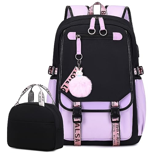 Bevalsa Backpack with Lunch Bag Bookbag Set for Girls Kids Middle High School College Student 21L Casual Daypack Children Schoolbag Bookbag with USB Charging Port (Purple)