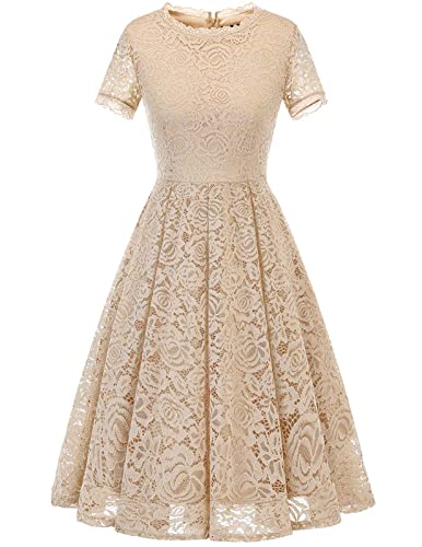Christmas Dresses for Women, Wedding Guest Dress, Tea Length Mother of The Bride Dresses, Lace Bridesmaid Dress, Semi Formal Cocktail Dresses, Evening Party Formal Dress with Sleeves Champagne L