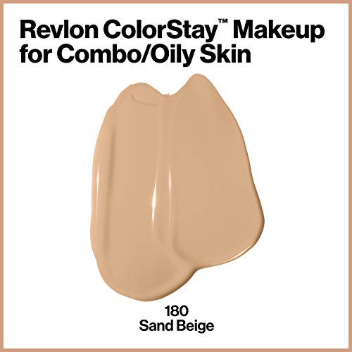 Liquid Foundation by Revlon, ColorStay Face Makeup for Combination & Oily Skin, SPF 15, Longwear Medium-Full Coverage with Matte Finish, Sand Beige (180), 1.0 Oz