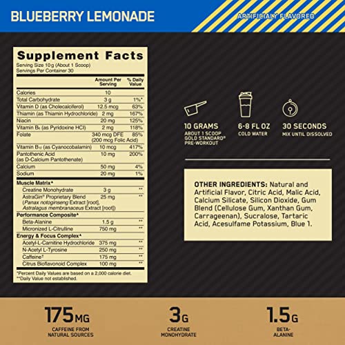 Optimum Nutrition Gold Standard Pre-Workout, Vitamin D for Immune Support, with Creatine, Beta-Alanine, and Caffeine for Energy, Keto Friendly, Blueberry Lemonade, 30 Servings (Packaging May Vary)