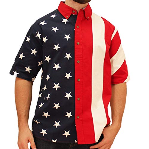 Flagshirt Men's Half Stars Half Stripes American Flag Shirt - Button-Up, Red, White & Blue, Medium