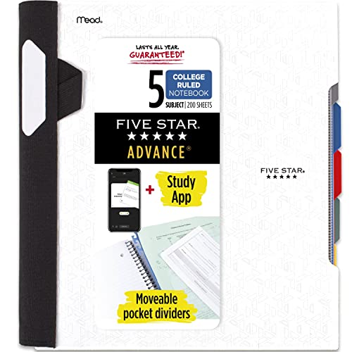 Five Star Advance Spiral Notebook + Study App, 5 Subject, College Ruled Paper,11" x 8-1/2", 200 Sheets, With Spiral Guard and Movable Dividers, White, 1 Count (73154)