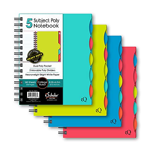 iScholar 5 Subject Poly Cover Double Wire Notebook, 8.35 x 6 Inches, Cover Color May Vary (58615)160 Sheets , Assorted