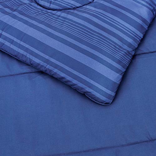 Amazon Basics 7-Piece Lightweight Microfiber Bed-In-A-Bag Comforter Bedding Set - Full/Queen, Royal Blue Calvin Stripe