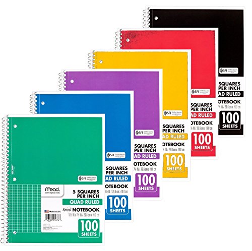 Mead Spiral Quad Ruled Notebook, 1 Subject 5 Squares per inch 100 Sheets, 6 Pack