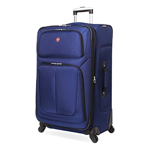 SwissGear Sion Softside Expandable Checked Luggage in a beautiful blue color glides effortlessly on spinner wheels.