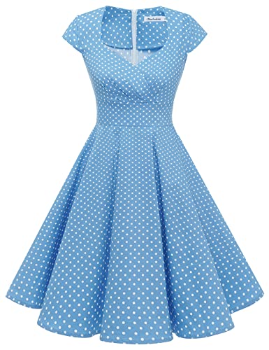 Bbonlinedress Vintage Dress for Women Polka Dot 1950s Wedding Party Summer Retro Cocktail Swing Dresses Blue Small White Dot XL