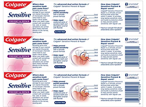 Colgate Sensitive Whitening Toothpaste, Enamel Repair and Cavity Protection, Prevent and Repair, Gentle Mint - 6 ounce (3 Pack)