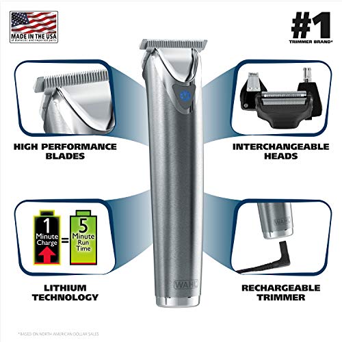 Wahl Stainless Steel Lithium Ion 2.0+ Beard Trimmer for Men - Electric Shaver & Nose Ear Trimmer - Rechargeable All in One Men's Grooming Kit - Model 9864SS