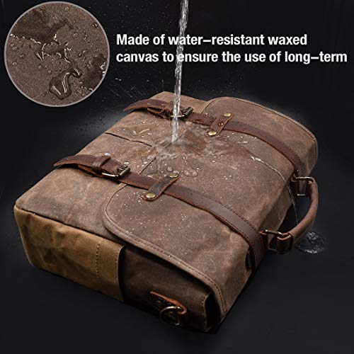 Mens Messenger Bag 15.6 Inch Waterproof Vintage Genuine Leather Waxed Canvas Briefcase Large Satchel Shoulder Bag Rugged Leather Computer Laptop Bag, Brown