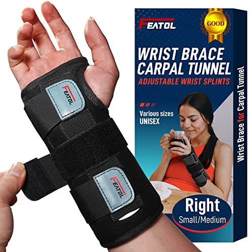 FEATOL Wrist Brace - Right hand wearing comfortable wrist support brace with adjustable straps.
