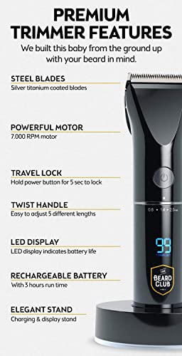 The Beard Club PT45 Trimmer & Premium Beard Care Grooming Gift Kit - Cordless Trimmer for Beard Detailing, Straight Edge Razor, Beard Shampoo, Brush, Comb and Sandalwood Balm - Deluxe Kit