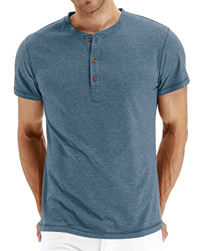 PEGENO Men's Casual Slim Fit Short Sleeve Henley T-Shirts Cotton Shirts VG-Blue-US XL