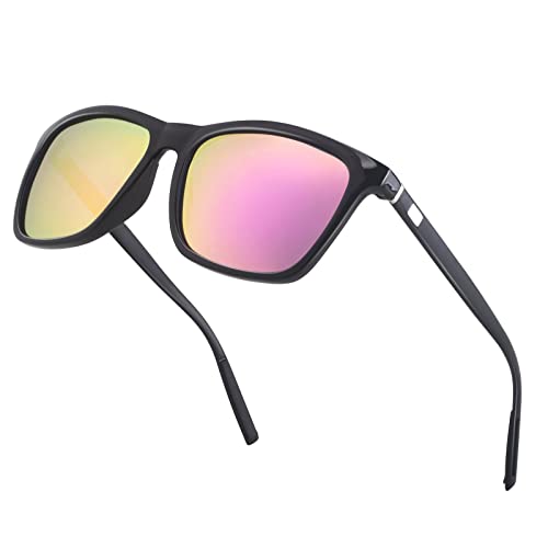 Square Aluminum Magnesium Frame Polarized Sunglasses Vintage Spring Temple Sun Glasses Men Women Retro Driving Eyewear UV400 (Pink Lens/Black Frame)