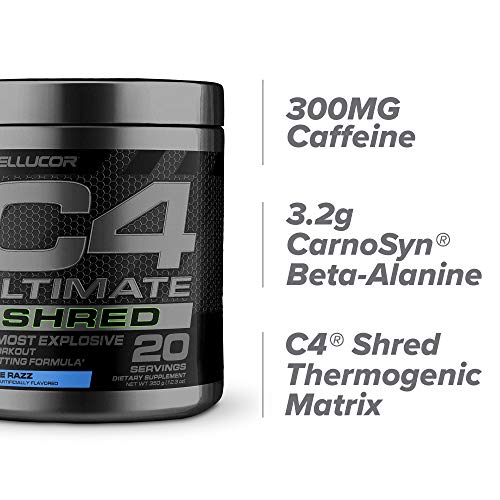 Cellucor C4 Ultimate Shred Pre Workout Powder, Fat Burner for Men & Women, Weight Loss Supplement with Ginger Root Extract, Icy Blue Razz, 20 Servings
