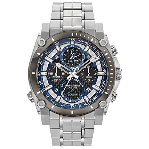 Bulova Men's Precisionist in Stainless Steel with 8-Hand Chronograph Watch, Blue and Yellow Accents, Black Dial Style: 96B175