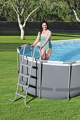 Bestway 56711E Power Steel 18' x 9' x 48" Outdoor Oval Frame Above Ground Swimming Pool Set with 1500 GPH Cartridge Filter Pump, Cover, & Ladder, Gray