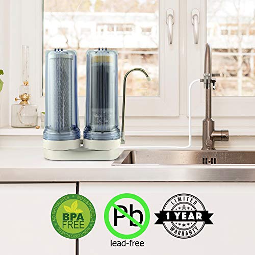 APEX EXPRT MR-2050 Duel Countertop Water Filter, Carbon and Mineral pH Alkaline Water Filter, Easy Install Faucet Water Filter - Reduces Heavy Metals, Bad Taste and Up to 99% of Chlorine - Clear