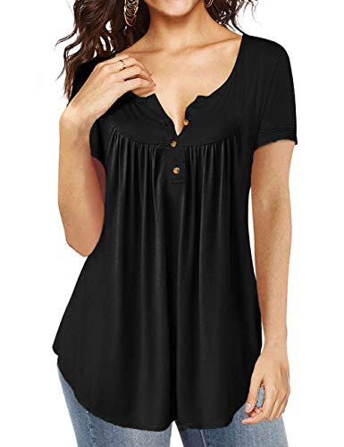 AMCLOS Womens Tops Floral V Neck T-Shirts Swing Blouses Button up Tunic Casual Flowy Summer Soft Short Sleeve(XL, Black)