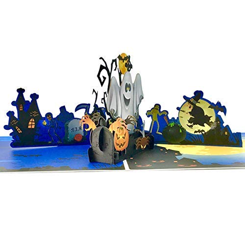 Halloween Cards,3D Pop Up Card Showing Ghost Pumpkin Witch Spider Bat Tombstone Skull Head House Moon Tree best Halloween Greeting Cards for Kids with Envelope 1Pack