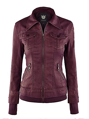 LL WJC664 Womens Faux Leather Jacket with Hoodie XL WINE