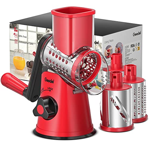 Geedel Rotary Cheese Grater effortlessly grating cheese onto a plate.