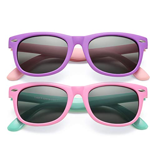 Kids Polarized Sunglasses TPEE Rubber Flexible Shades for Girls Boys Age 3-9 (Rosepink/Grey+Purple/Grey)