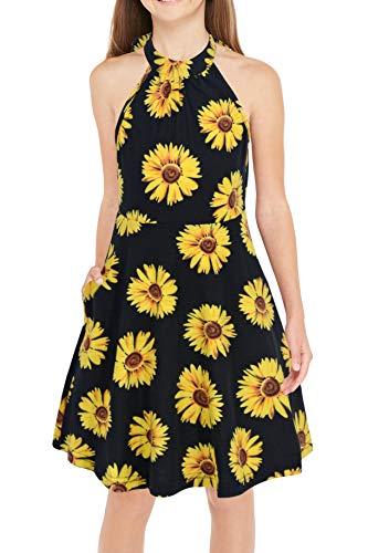 GORLYA Girl's Halter Neck Cold Shoulder Sleeveless Summer Casual Sundress A-line Dress with Pockets for 8 Years (GOR1013, 7-8Y, Green)