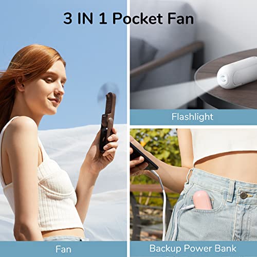 JISULIFE 3 IN 1 Handheld Fan, USB Rechargeable Mini Portable Small Pocket Fan [14-21 Working Hours] with Power Bank, Flashlight Feature for Eyelash, Makeup, Outdoor-Dark Blue