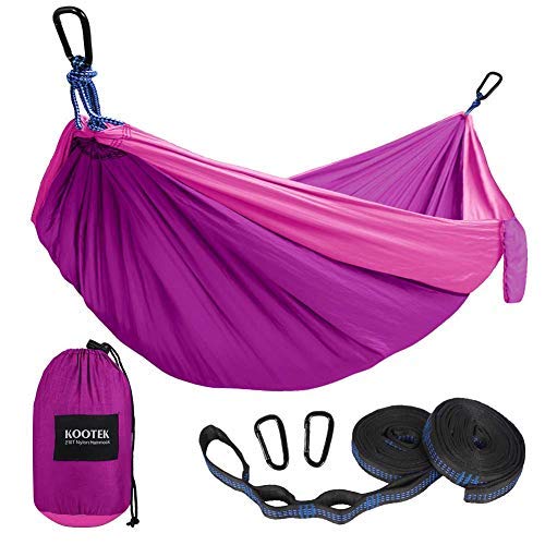 Kootek Camping Hammock Double & Single Portable Hammocks with 2 Tree Straps, Lightweight Nylon Parachute Hammocks for Backpacking, Travel, Beach, Backyard, Patio, Hiking (Violet & Pink, Large)