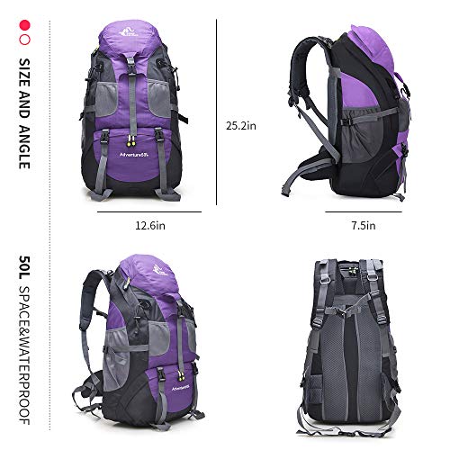 50L Lightweight Water Resistant Hiking Backpack,Outdoor Sport Daypack Travel Bag for Climbing Camping Touring (Purple - No Shoe Compartment)