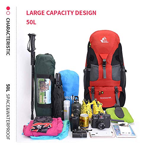 50L Lightweight Water Resistant Hiking Backpack,Outdoor Sport Daypack Travel Bag for Climbing Camping Touring (Red - No Shoe Compartment)