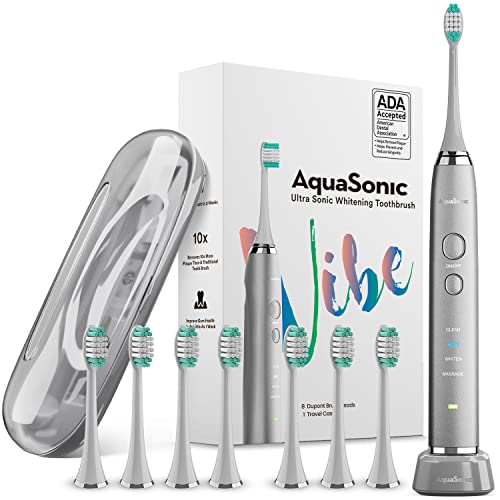 AquaSonic Vibe Series Ultra Whitening Toothbrush – ADA Accepted Electric Toothbrush - 8 Brush Heads & Travel Case - Ultra Sonic Motor & Wireless Charging - 4 Modes w Smart Timer – Charcoal Metallic