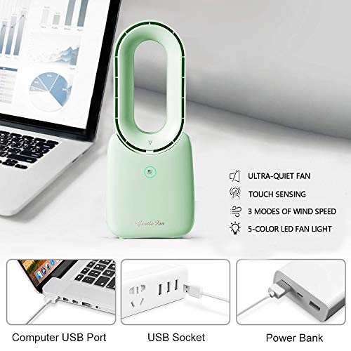 CONBOLA Desk Fan, 11.8 Inch Bladeless Fan Small Table Fan Air Cooler, Portable Rechargeable Breeze Quiet Fan with Touch Control 5-Colors Decorative LED Light for Office Bedroom（Green）