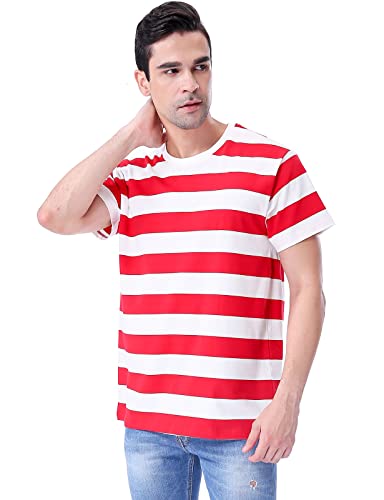 Funny World Mens Red and White Striped Shirt Casual Short Sleeve T-Shirts XL