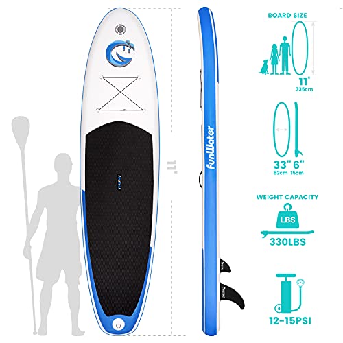 FunWater Stand Up Paddle Board 11'x33''x6'' Ultra-Light (20.4lbs) Inflatable Paddleboard with ISUP Accessories,Three Fins,Adjustable Paddle, Pump,Backpack, Leash, Waterproof Phone Bag