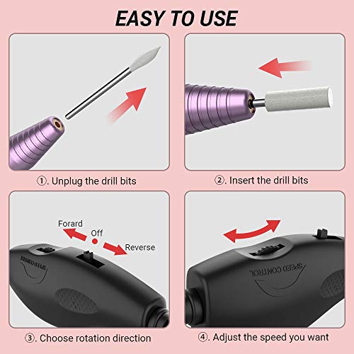 AIRSEE Portable Electric Nail Drill Professional Efile Nail Drill Kit for Acrylic, Gel Nails, Manicure Pedicure Polishing Shape Tools with 11Pcs Nail Drill Bits and 56 Sanding Bands