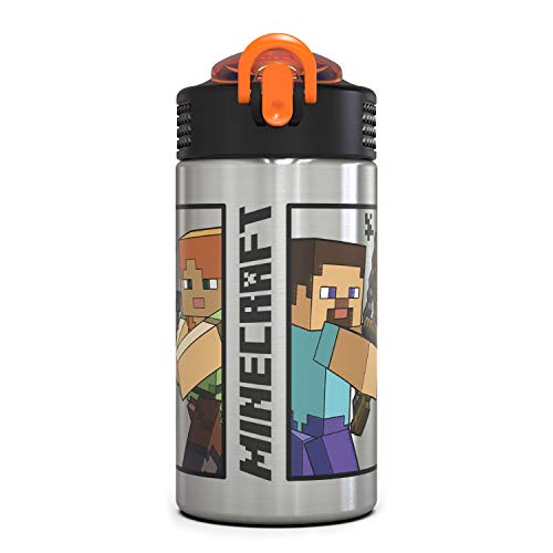 Zak Designs Minecraft - Stainless Steel Water Bottle with One Hand Operation Action Lid and Built-in Carrying Loop, Kids Water Bottle with Straw Spout is Perfect for Kids (15.5 oz, 18/8, BPA-Free)