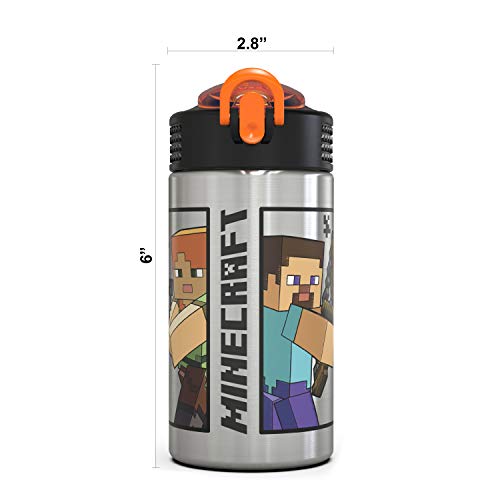 Zak Designs Minecraft - Stainless Steel Water Bottle with One Hand Operation Action Lid and Built-in Carrying Loop, Kids Water Bottle with Straw Spout is Perfect for Kids (15.5 oz, 18/8, BPA-Free)