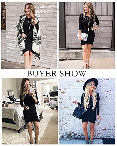 BTFBM Women Fashion Ruched Elegant Bodycon Long Sleeve Wrap Front Solid Color Casual Basic Fitted Short Dress (Black, Medium)