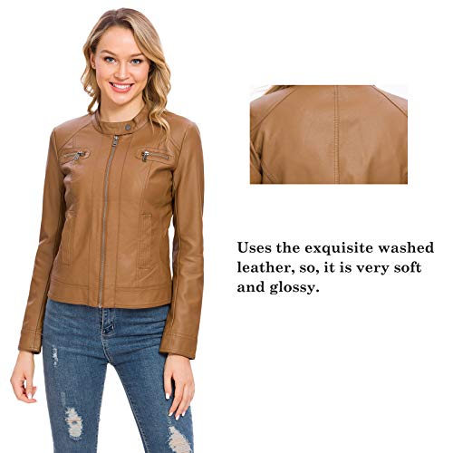 Fahsyee Women's Faux Leather Jackets, Zip Up Motorcycle Short PU Moto Biker Outwear Fitted Slim Coat Size M Camel