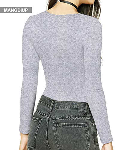 MANGDIUP Women's Round Collar Long Sleeve Elastic Bodysuit Jumpsuit (Heather Grey, XXL)